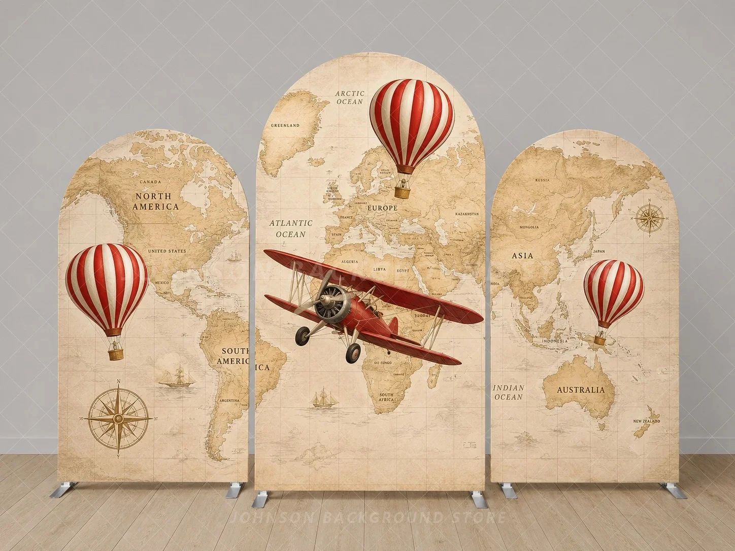 Vintage World Map Arch Backdrop Cover Set Hot Air Balloon Airplane Travel Adventure Birthday Party Decoration backgroud