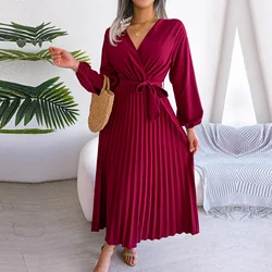 Women Spring Summer Cross Solid Color V Neck Large Hem Pleated Long Dress For Fashion