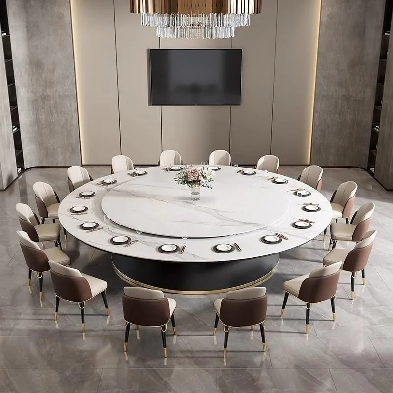 

Hotel electric dining table large round table with electric turntable rock slab dining table and chairs light luxury household