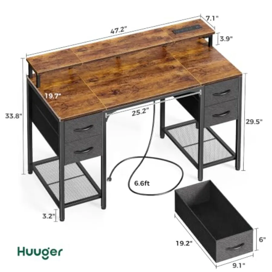 Computer Desk with Power Outlets 4 Drawers for Home Office, Engineered Wood, White, Spacious Storage and Built-in Charging Conv