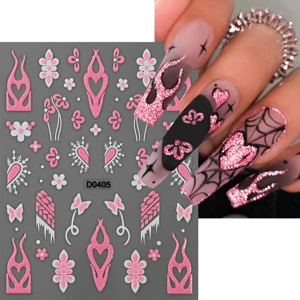 1/6Pcs 3D Pink Glitter Halloween Nail Stickers Skull Ghost Spider Web Nail Decals Halloween Party Nail Art Decorations 10*8cm