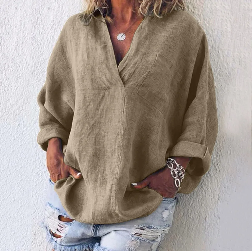 Image of Sommer Mode Shirts Für Frauen Einfarbig V-ausschnitt Langarm Casual Lose Boho Stil Baumwolle Leinen Einfache Elegante Frauen Shirts