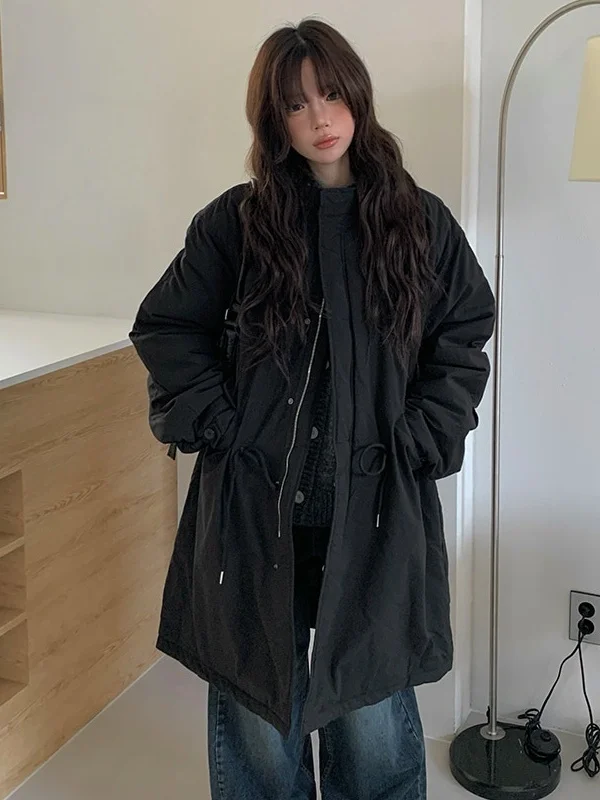 Thiened-ropa de trabajo Retro con cuello levantado para mujer, abrigo de algodón de longitud media con cordón holgado, Color puro, para ir al trabajo