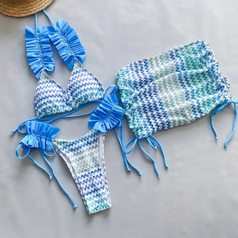 3 Pcs/Set Women Bikini Set Color Matching Lace-up Halter Neck Pleated Elastic Bathing Suit Beachwear Swimsuit Bra Panties Skirt