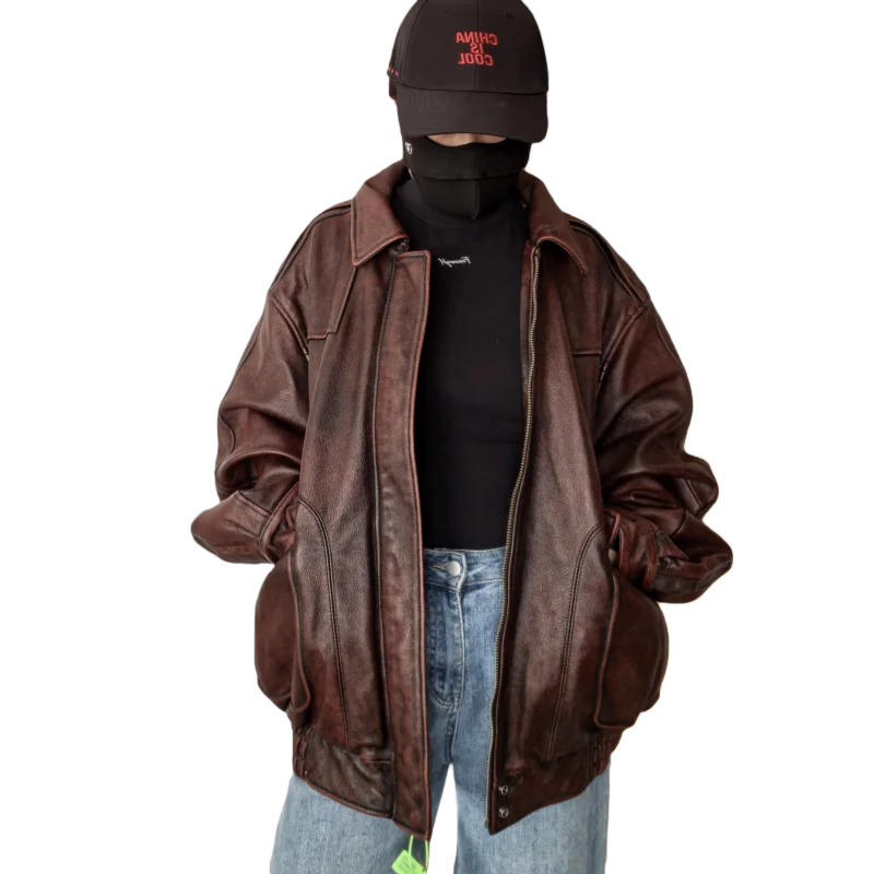 Reddish Brown Loose-Fit Flight Jacket First-Layer Cowhide Vintage Short Leather Jacket Plus-Size Oversized Extra Large 125KG