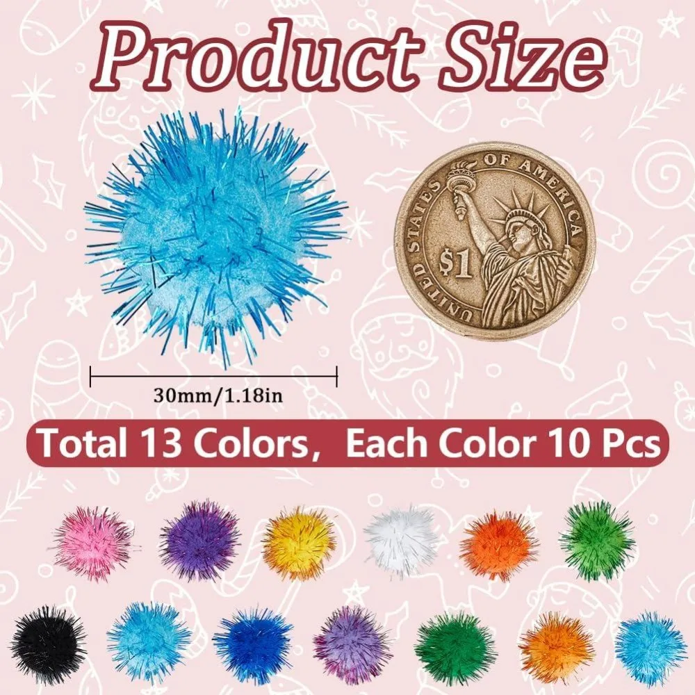 130Pcs 13Colors Large Bulk Pompom Balls 30mm Fibre Soft Fluffy Round Fuzzy Tinsel Sparkle Ball Glitters Cat Kitten Chase Pompoms