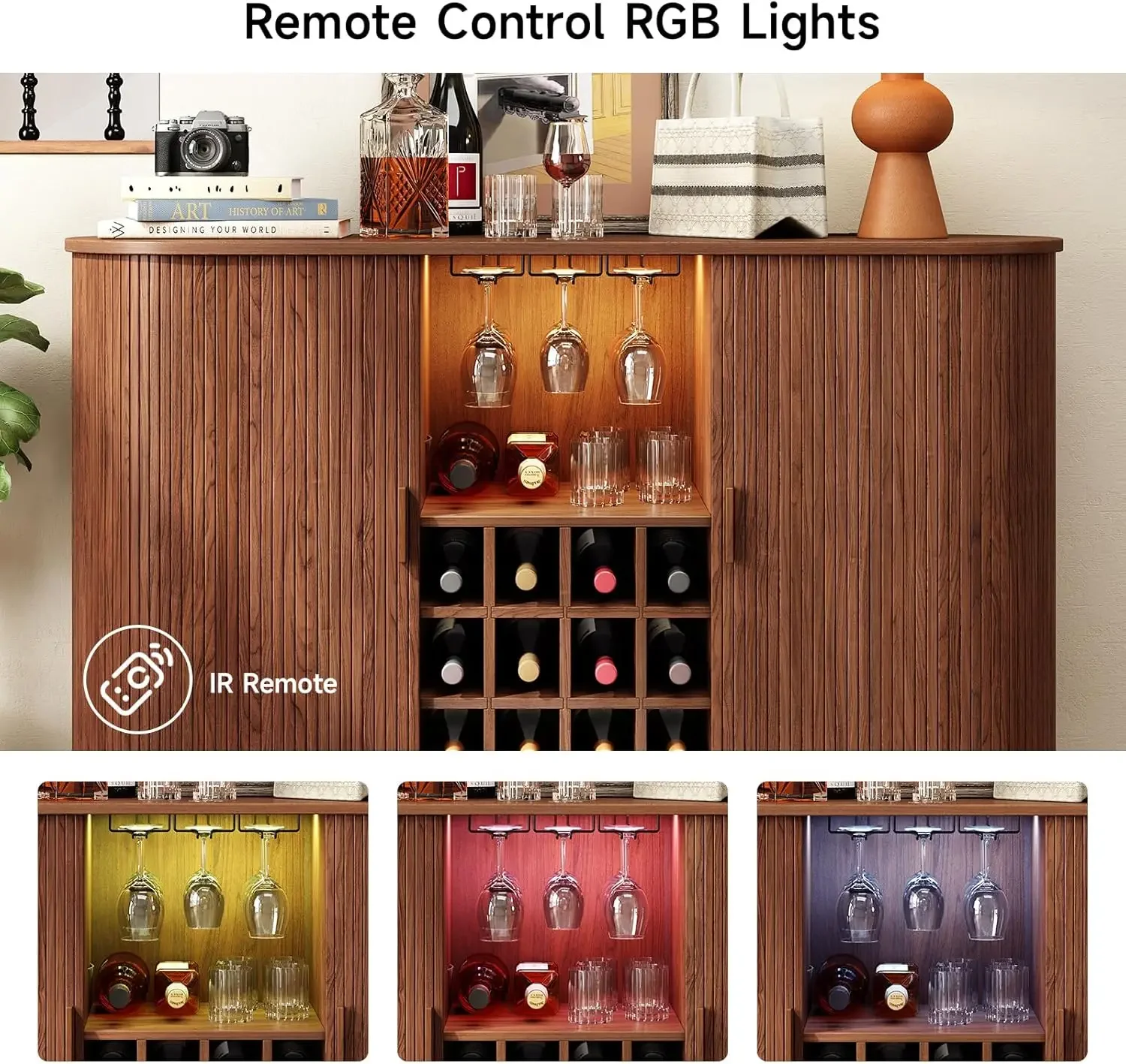 สินค้ามีจำนวนจำกัด! ตู้บาร์ไวน์ขนาด 55 นิ้ว พร้อมไฟ LED, ตู้เก็บเหล้าวิสกี้และกาแฟทันสมัย พร้อมชั้นวางไวน์และที่วางแก้ว, สไตล์ฟาร์มเฮาส์