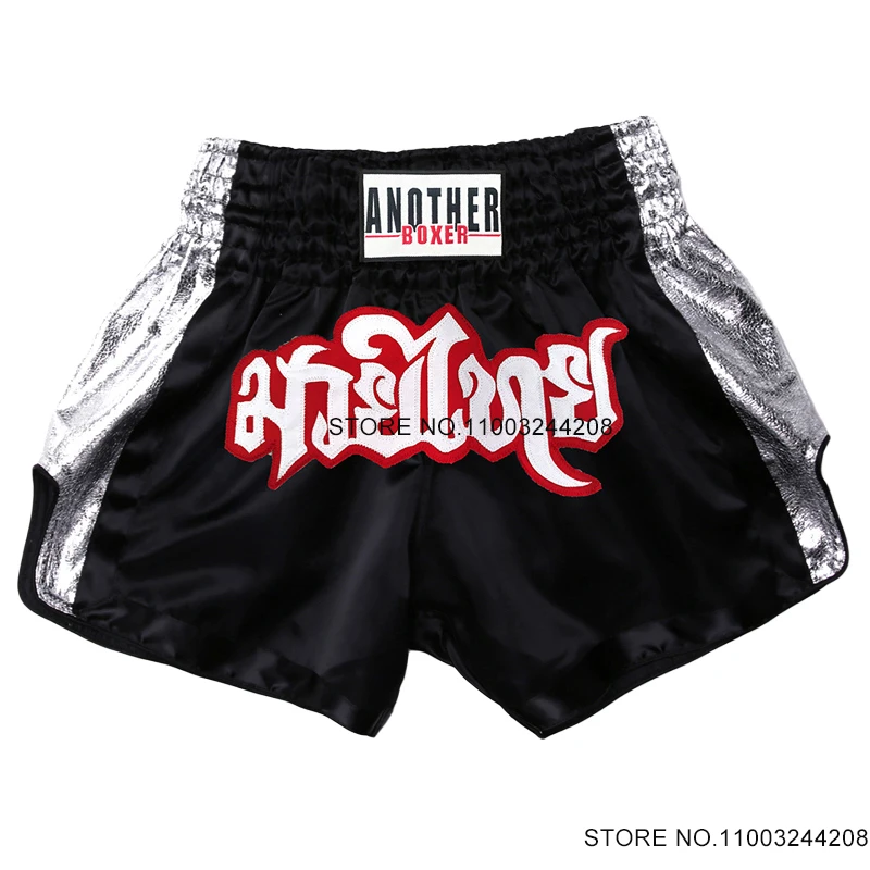 Muay Thai Shorts Silver Black Boxing Shorts Women Men Child Embroidery Kickboxing Cage Fighting Training Pants Martial Arts Gear