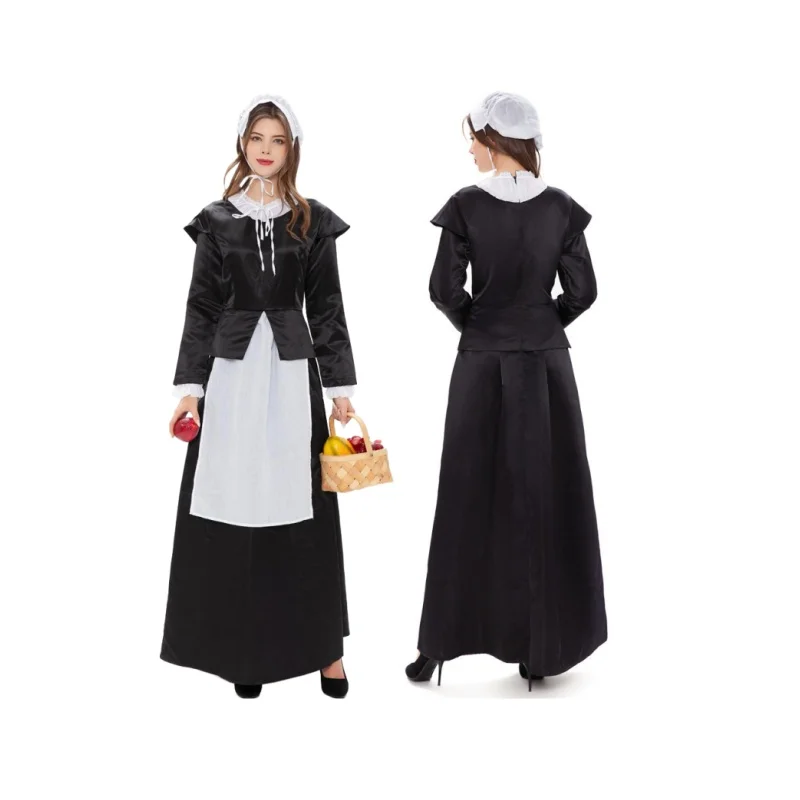 

Retro Black And White French Countryside Castle Maid Waitress Costume Halloween Carnival Party Cosplay Country Farmhouse Dress