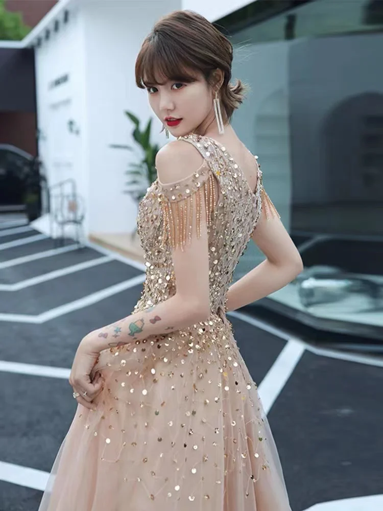 Abiti da sera in oro champagne O-Collo Nappe con paillettes Lady Girl Donna Principessa Banchetto Party Prom Performance Abiti da ballo di ballo