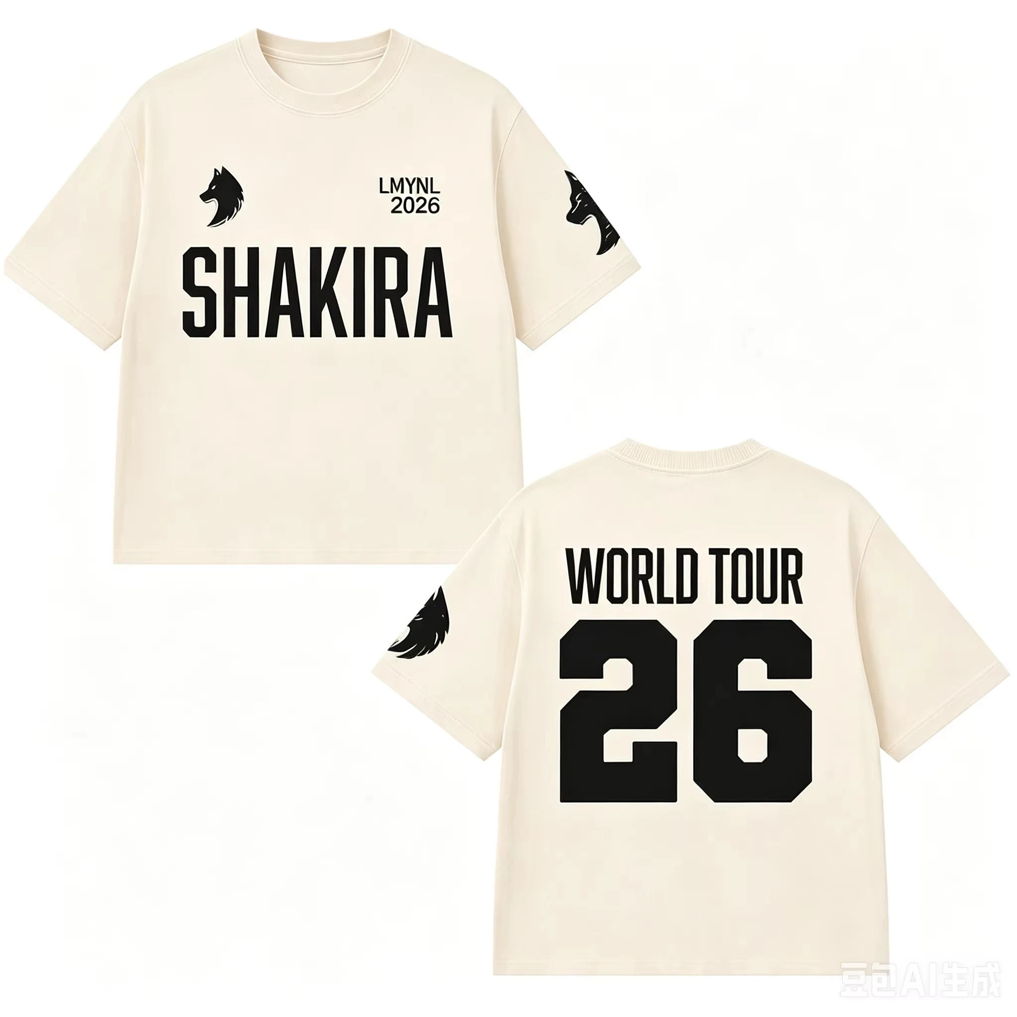 Unisex Shakira 2026 LMYNL World Tour T-Shirt, Beige Wolfskopf-Grafik mit der Zahl 26, Kurzarm-T-Shirt, locker geschnittenes Oberteil mit Rundhalsausschnitt für – Detail 7