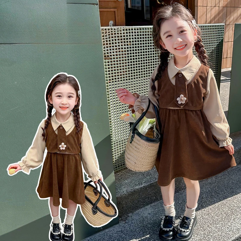 

Girls Casual Dresses Floral Corduroy Patchwork Dress Flower Girl Dresses Kids Clothes for Girls 2 To 7 Years