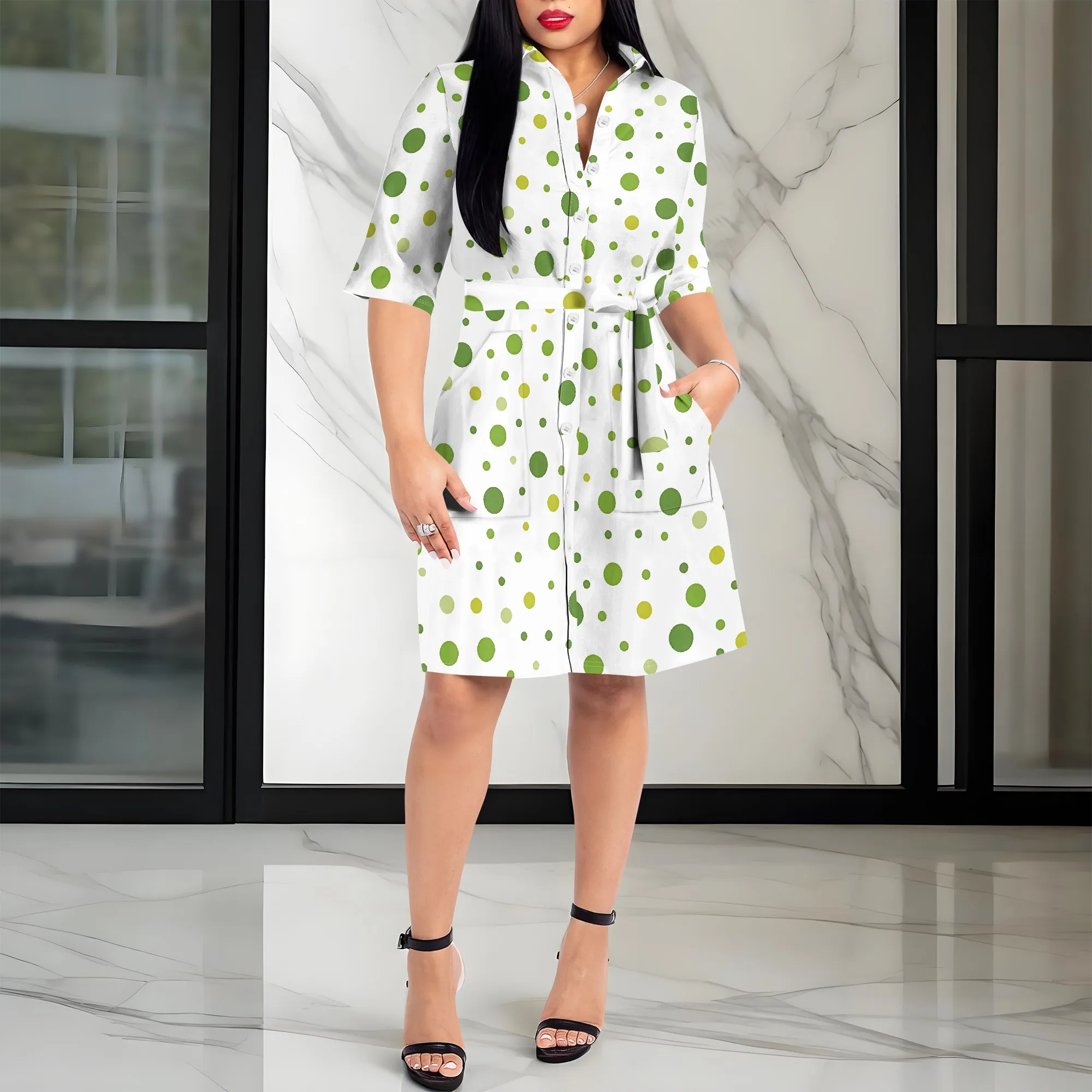 

Nupusa Polka Dot Print Dress for Women Standard Size Summer Casual Shirt Collar Half Sleeve Dress