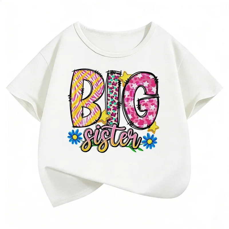 Kids White Short Sleeve T Shirt Colorful Pattern Big Sister Letter Floral Print Crew Neck Girls Casual Summer Tee