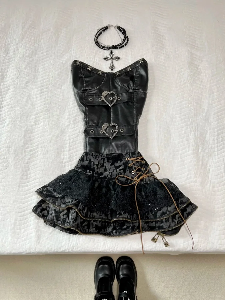 Ensemble 2 pièces Punk gothique Vintage pour femmes, Y2k, Slim, poussin chaud, hauts + jupe courte, esthétique, doux, tendance, Streetwear, nouveaux tenues