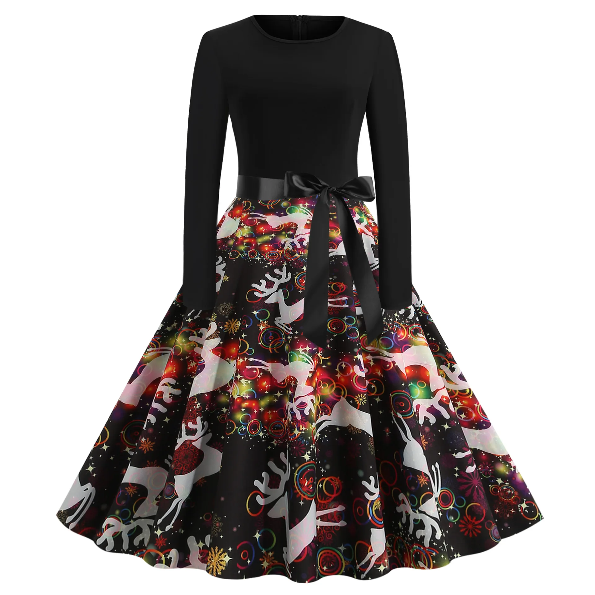 Dress Women 2021 Christmas Selling New Digital Printing Splicing Posed Long Sleeves Free Ribbon Dresses Casual Vestidos ZXP1208
