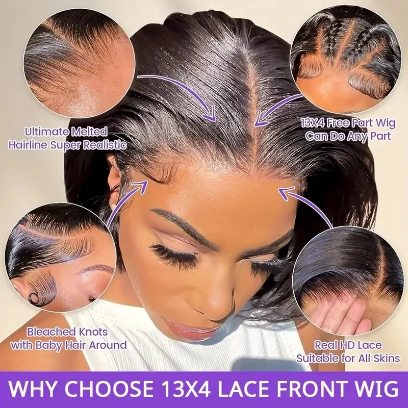 13x4 Lace Frontal Wigs Human Hair 180% Density Pre Plucked Short Bob Wigs Brazilian Straight Human Hair Wigs For Black Women