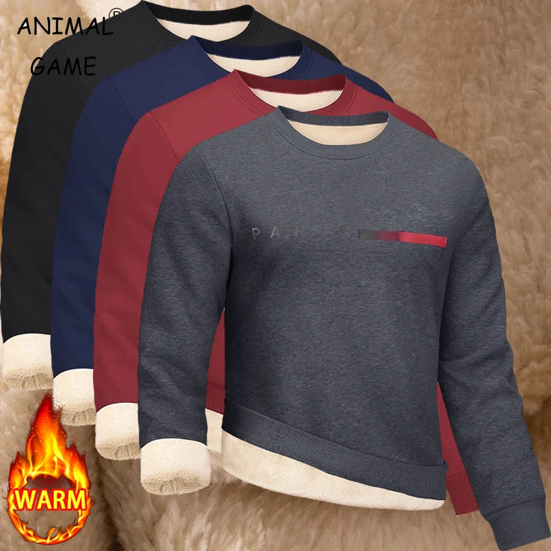 Animal Game Outdoor Herren-T-Shirts aus Fleece mit Rundhalsausschnitt, warm, langärmelig, Sweatshirt mit Sherpa-Futter, Pullover, lässige Basic-Print-Shirts