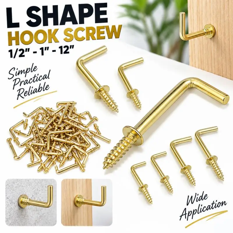 10/30/50/100Pcs L Shaped Screw Hooks 20mm 38mm 42mm 53mm Golden Right Angle Self Tapping Screw Hook for Hanging