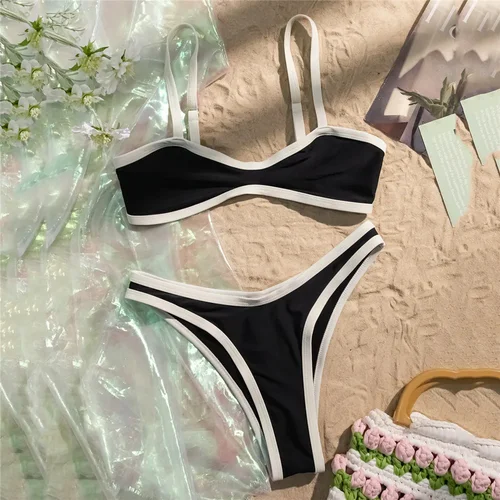 Imagen 1 del producto Microbikini Bandeau negro con Tanga para mujer, traje de baño Sexy con borde blanco, traje de baño para vacaciones, traje de baño con corte de pierna alta, conjuntos de Bikinis