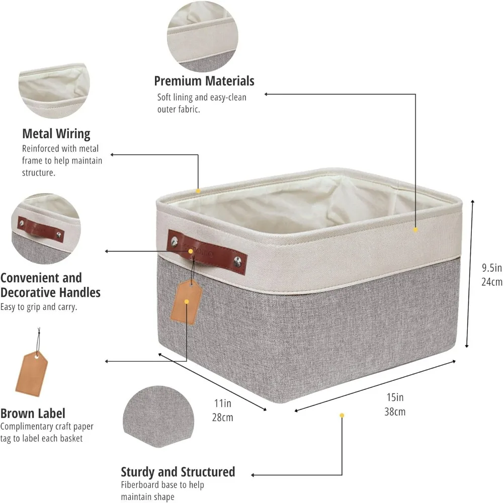 صناديق تخزين سلال تخزين قماشية للأرفف، ألعاب تنظيم خزانة الكتان (رمادي وأبيض، كبير - 3 عبوات)