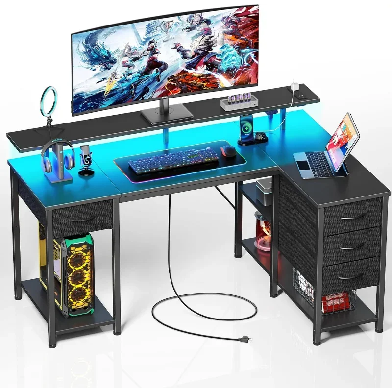 Seventable L Shaped Desk Computador, Gaming Desk com gavetas, mesa de escritório reversível com Power Outlets e luzes LED, 55,1\