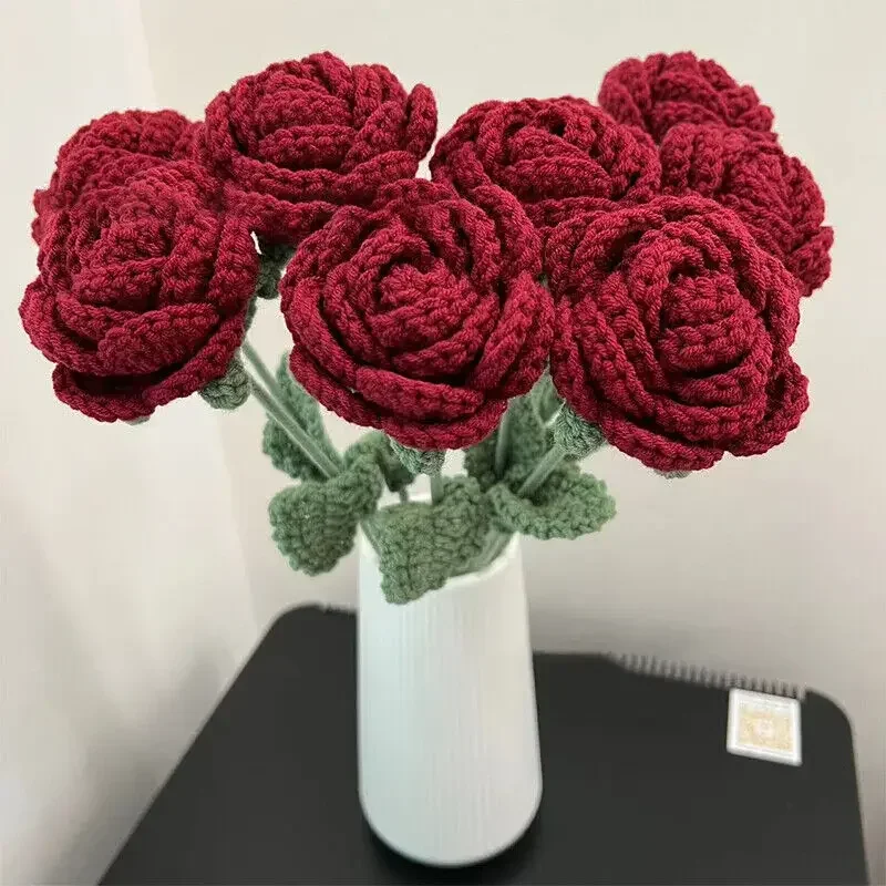 2PCS Knitted Rose Artificial Flowers Crochet Handmade Red Rose Wedding Home Party Table Decoration Creative Gift for Woman Girls