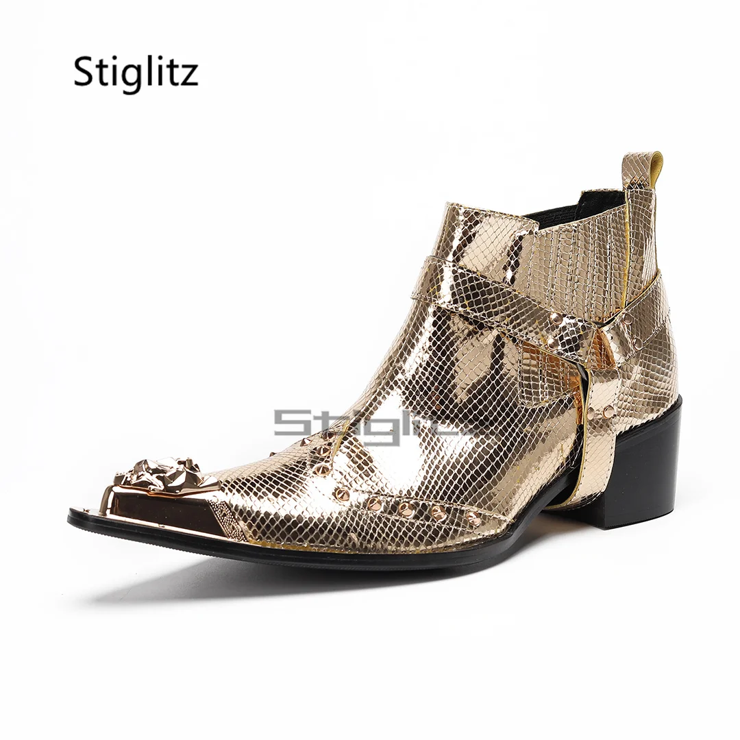 

Men's Rivets High Heels Chelsea Boots Gold Metal Pointed Toe Genuine Leather Ankle Boots Autumn Winter Business Party Shoes