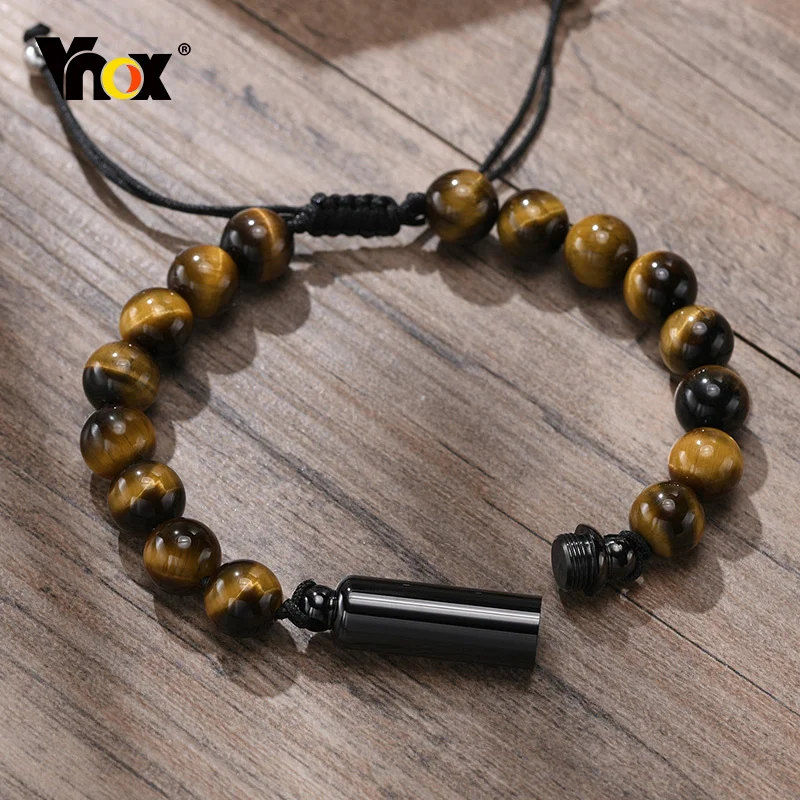 Vnox Dropshipping Cremation Urn Bracelets for Men, Adjustable Tiger Eye Beads Chain Wristband, Pet Family Papa Ashes Holder