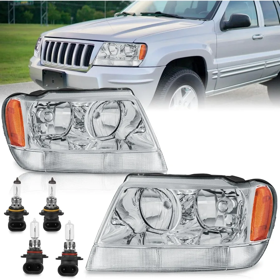

Фары в сборе, совместимые с Jeep Grand Cherokee 1999-2004, хромированный корпус, янтарный отражатель, передние фары для водителя и пассажира