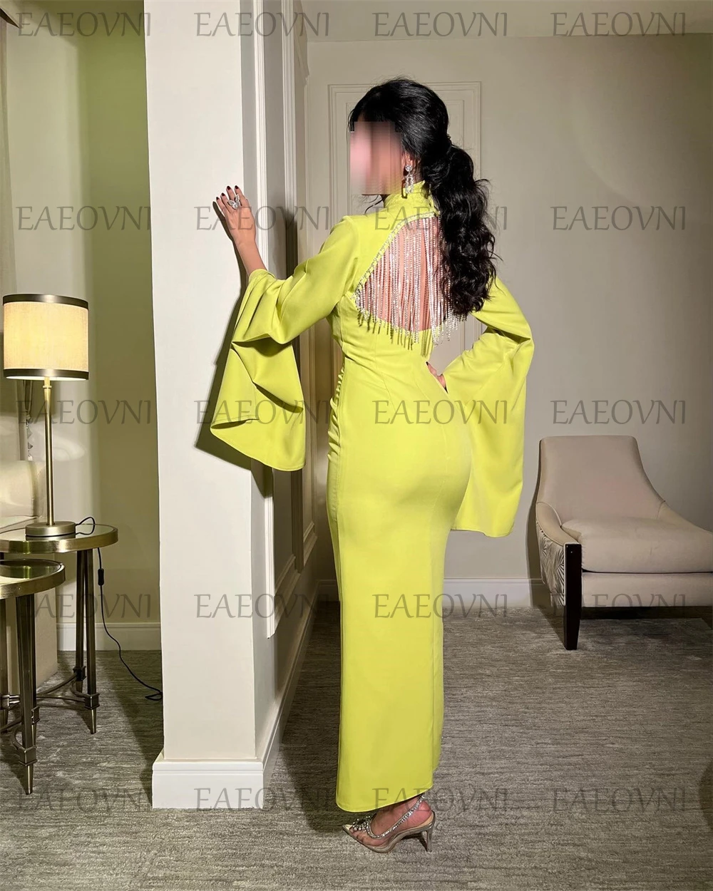 تخصيص عارية الذراعين شرابة مثير مستقيم فساتين لحضور الحفلات الموسيقية عالية طويلة الأكمام الكاحل طول مزاجه مساء فساتين الحفلة #2