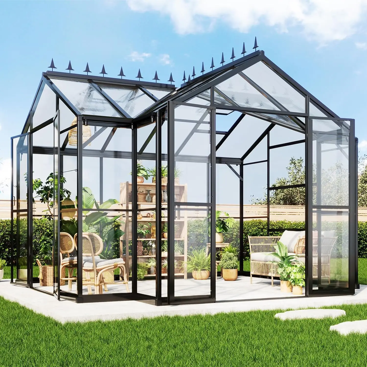 Amerlife 12X10X8 Ft Hybrid Polycarbonate Greenhouse, Outdoor Aluminum Greenhouse With Quick Connector Fast Assembly, Double