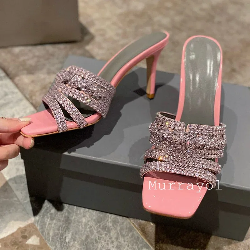 New Square Toe One Strap High Heels Slippers Women Glitter Rhinestone Decor Thin Heels Sandals Summer Dress Shoes Wedding Shoes
