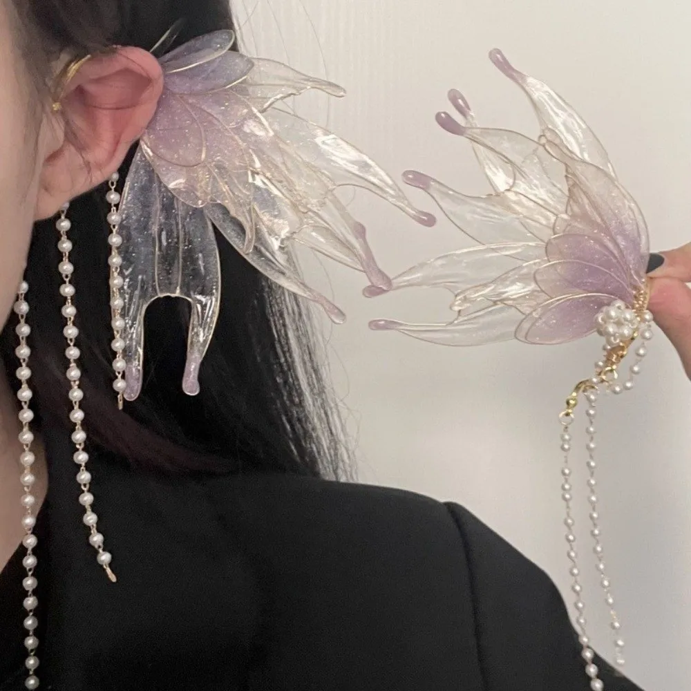 

Vintage Chic Mermaid Princess Ear Cuffs Flower Non-piercing Ear Fins Ear Cuffs Fairy Elf Elegant Pearl Tassel Ear Clips Cosplay