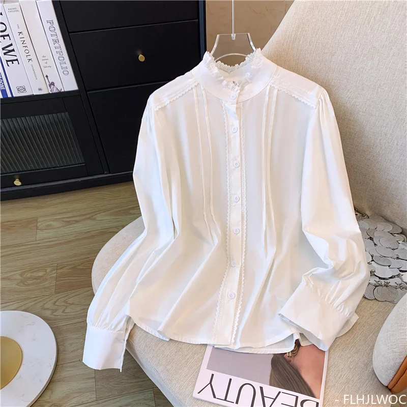 Tops Retro de cuello alto para mujer, camisa blanca de encaje con botones, manga larga, diseño Vintage, estilo coreano japonés, FLHJLWOC