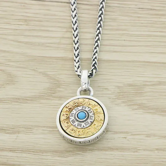 

S925 Sterling Silver Heavy Industry Small Size Nine Palaces Bagua Rotating Pendant Silver Inlaid Copper Diamond Pestle Necklace