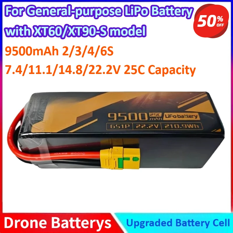 

9500mAh 2/3/4/6S 7.4/11.1/14.8/22.2V 25C Capacity General-purpose LiPo Battery for RC Fixed-Wing Airplanes with XT60/XT90-S
