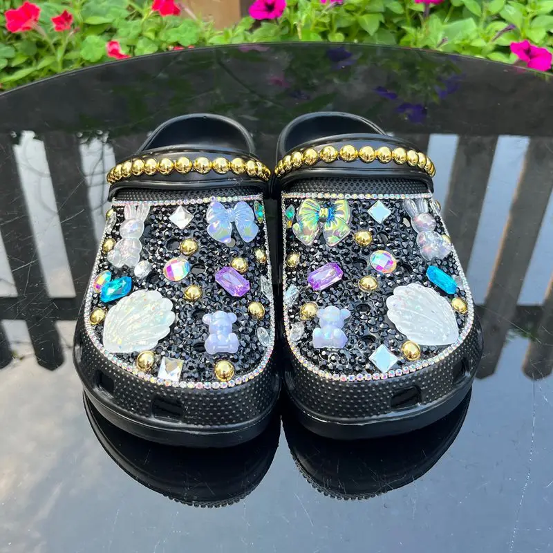 New Trendy Shoes Handmade Diamond-encrusted Women's Slippers Home Slippers Beach Black Clogs Crystal Shell Bow Bear Decoration