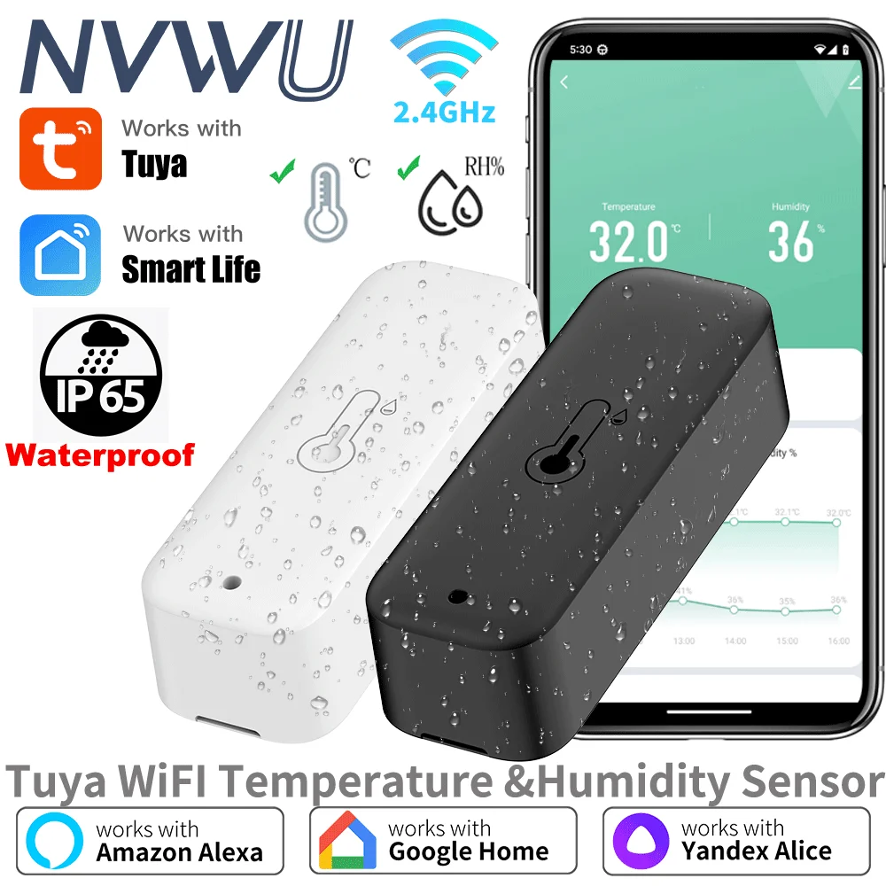 Tuya WiFi Temperature Humidity Sensor IP65 Waterproof Thermometer Smart Life APP Real-time Monitoring Home Work with Alexa