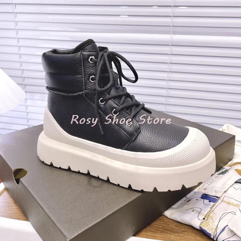 Men Women Leather Paneled Waterproof Ankle Boot Round Toe Flat Winter Retro Casual Couple Shoes Lace Up Platform Boot Star Style