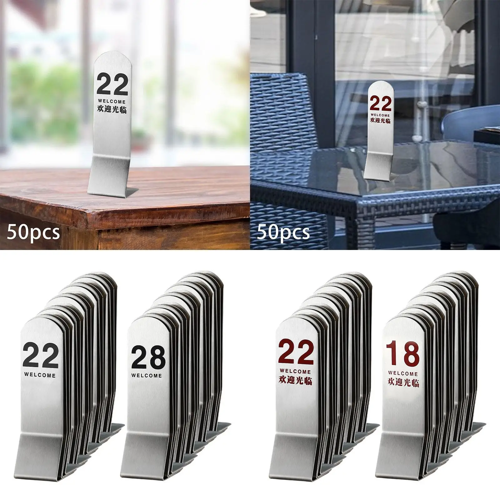 50Pcs Table Numbers Stainless Steel Tent Table Number Cards Tabletop Signs for Events