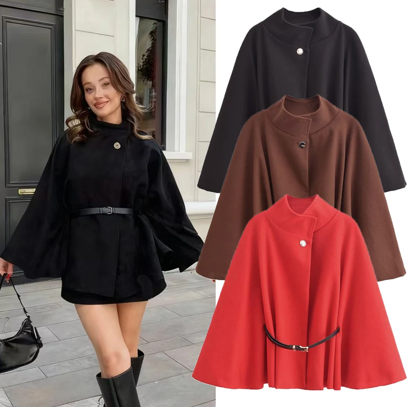 2025 New Women's Coats Adjustable Waist Strap Cloak Jacket Streetwear Spring Autumn Batwing Sleeves Elegant Coat For Ladies