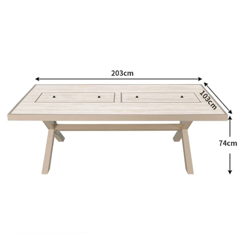 200 x 100 wooden texture outdoor dinning table embedded dual grills for garden or terrace