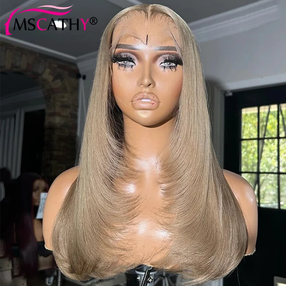 Ash Brwon Wig depan renda tanpa lem pirang Wig berlapis rambut manusia Virgin Brasil Wig siap pakai 99J hitam untuk wanita mulus