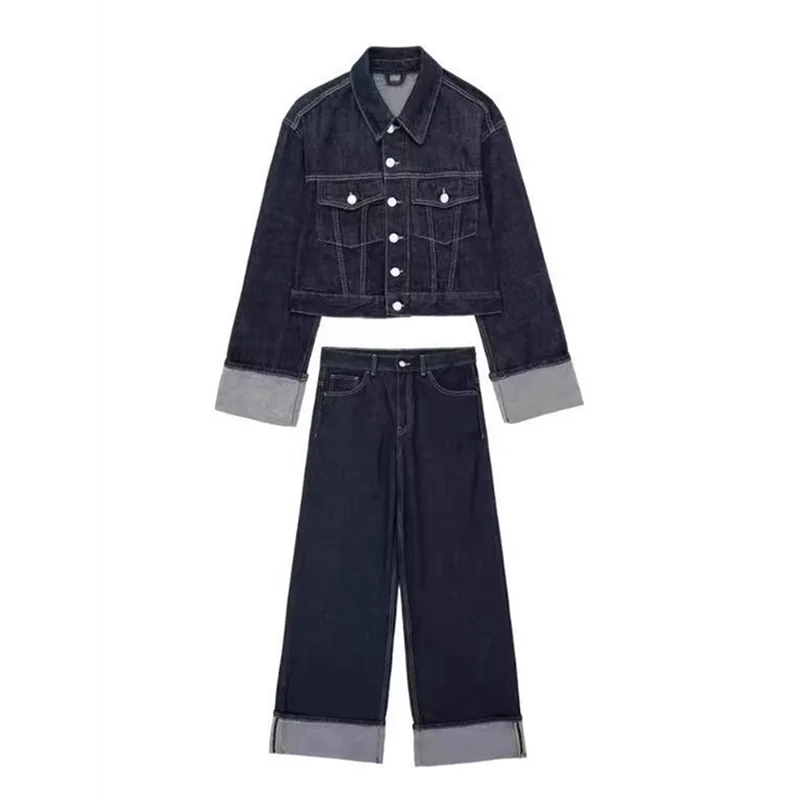 CYL-dames vintage denim set reversjas met lange mouwen en hoge taille jeans met wijde pijpen, tweedelige outfit