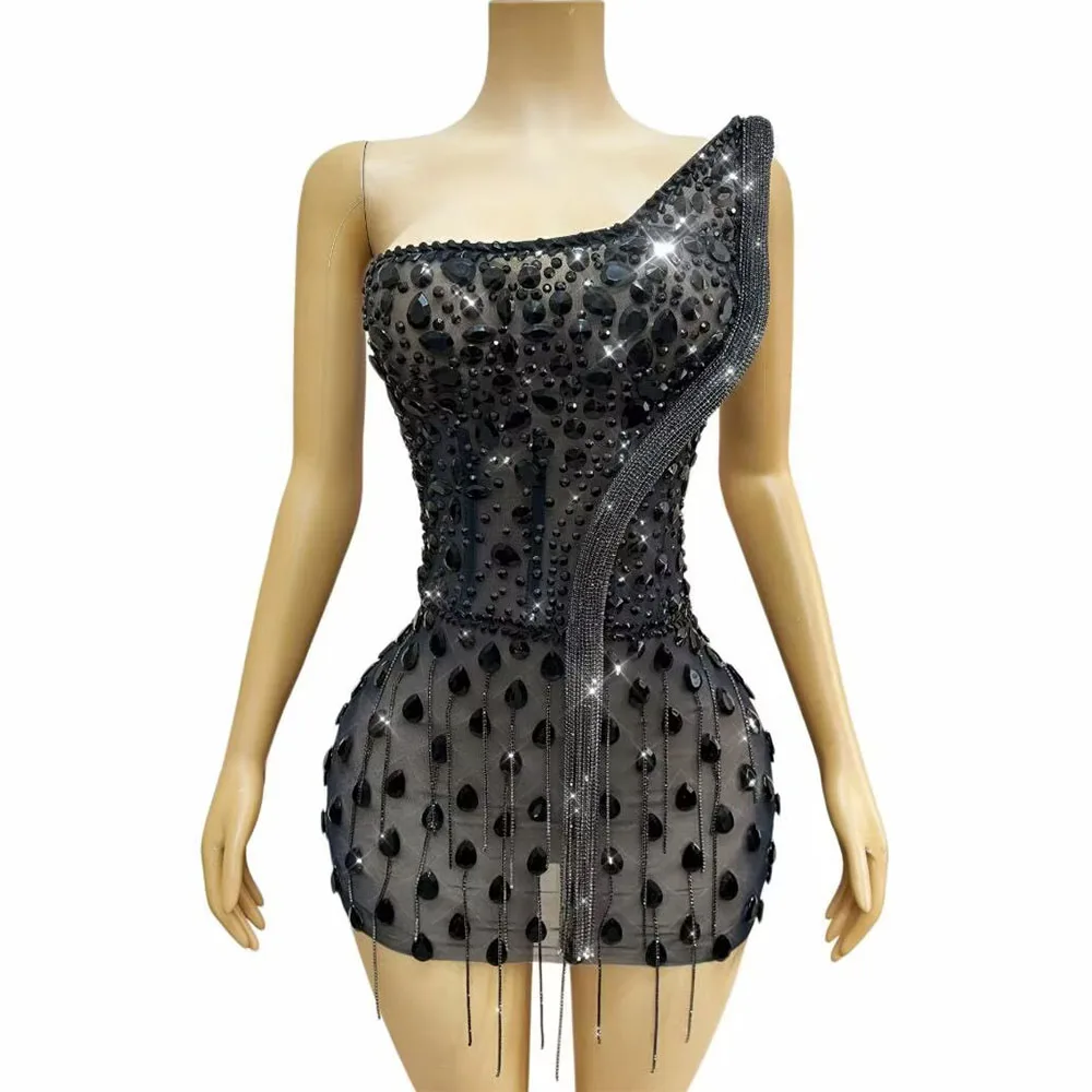

Luxury High-end Handmade Shining Crystals Chains Sexy Mesh Dress Women Evening Birthday party Gowns Fashion Show Stage Wear