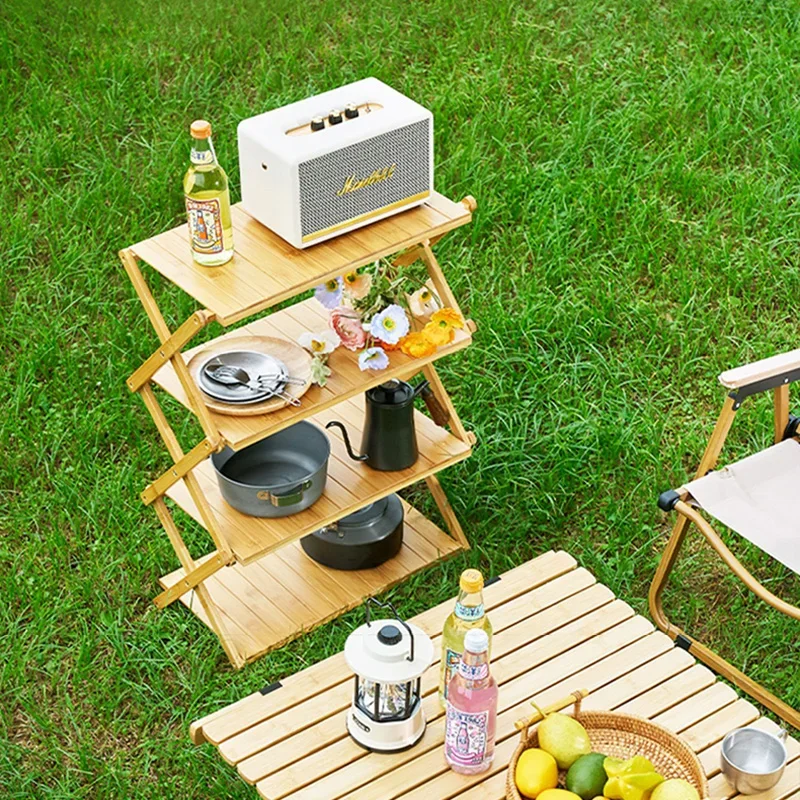 Camping Bamboo Shelf Rack Foldable Outdoor 3 Plies 4 Plies Folding Storage Rack portable table Flower Rack Shoe