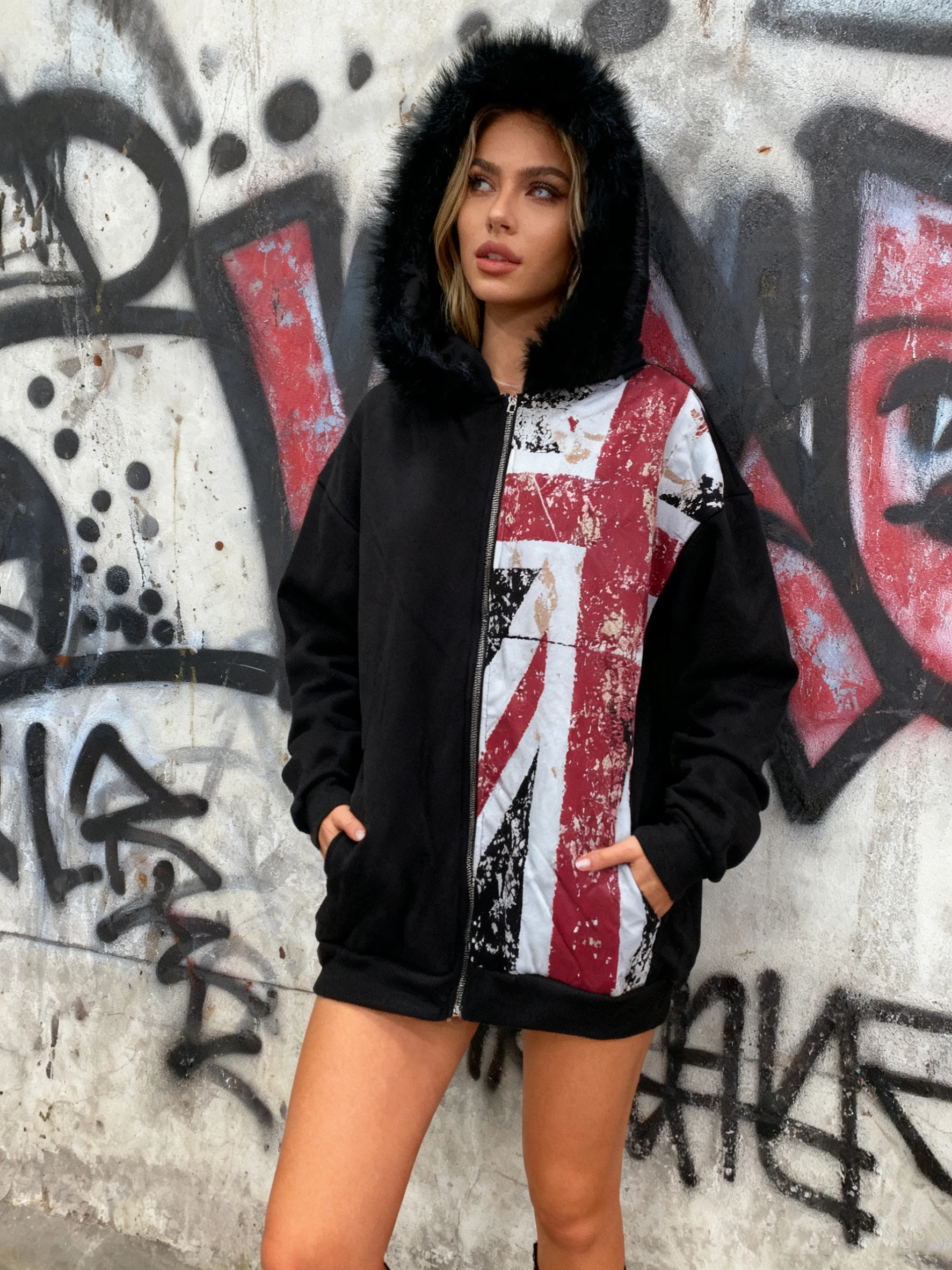 

2025 Women's Punk Y2K EMO Print Faux Fur Hooded Jacket - Edgy Streetwear Warm Coat for Autumn Winter