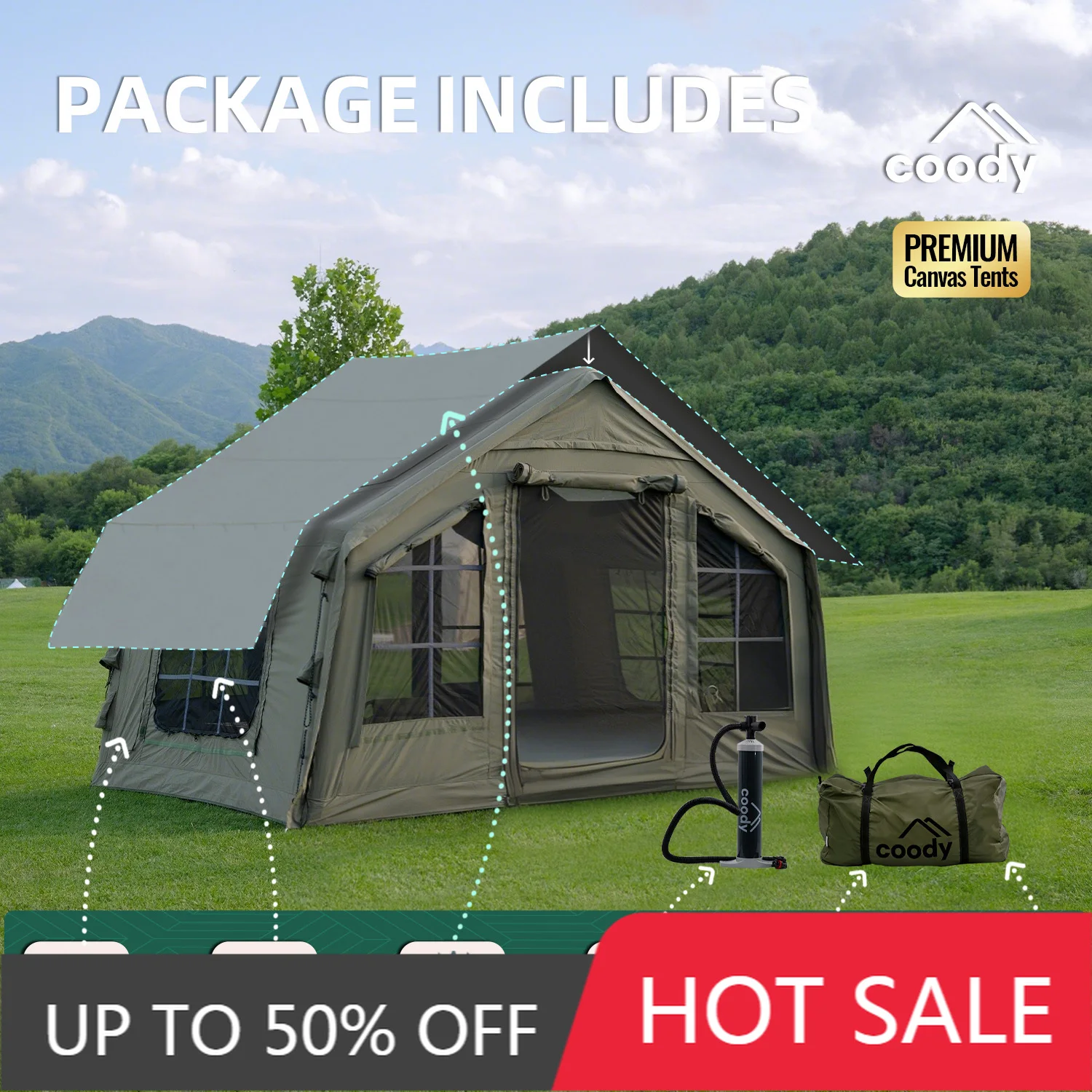 Coody 8.0 Air Tent Army Green Foldable Inflatable Shelter 3-6 People Portable Outdoor Family Camping Tent Direct Factory