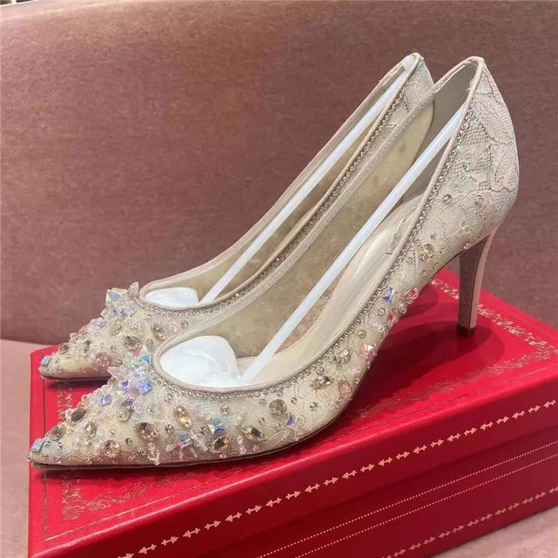 

Spring and summer new pointed shallow rhinestone lace mesh wedding shoes stiletto high-heeled crystal banquet dress women's shoe